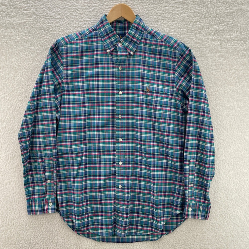 Polo Ralph Lauren Shirt Mens M Blue Pink Oxford Classic Fit OCBD Plaid Preppy